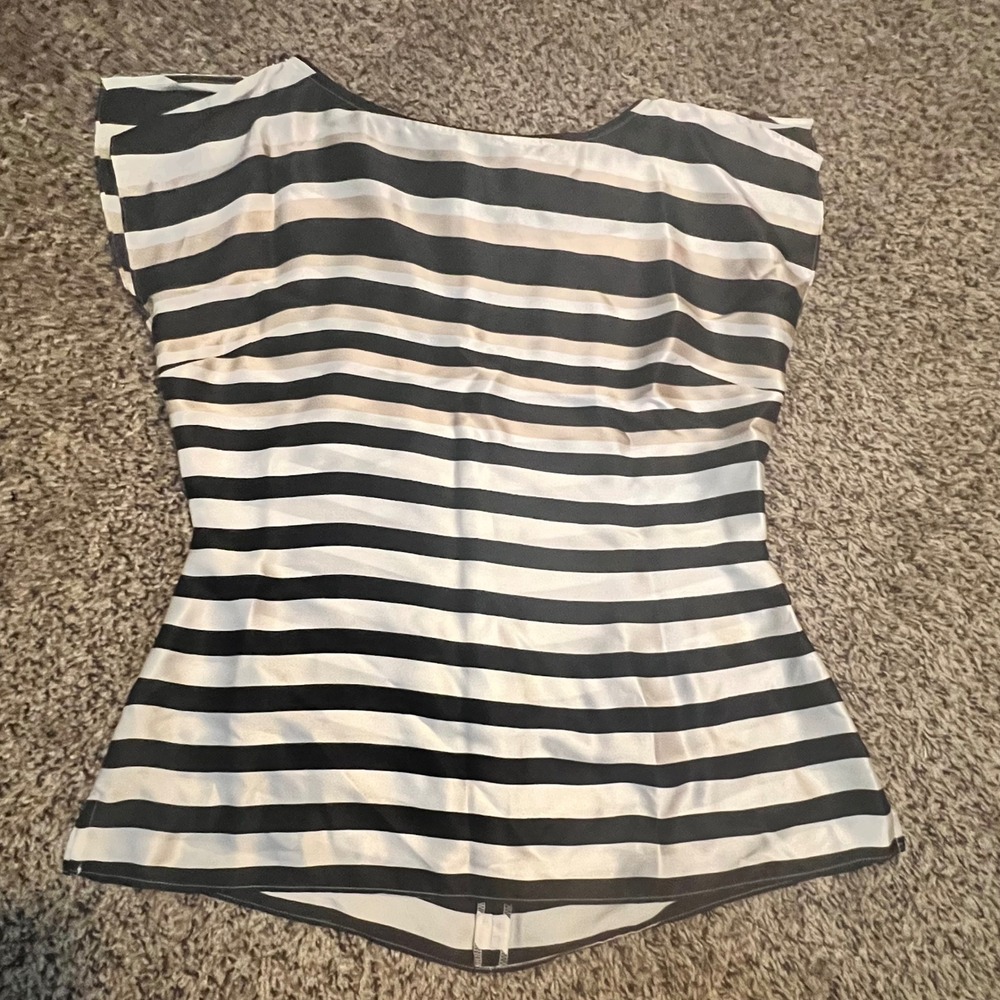 White House Black Market Silk Striped Boat Neck Blouse Black Tan White Small‎